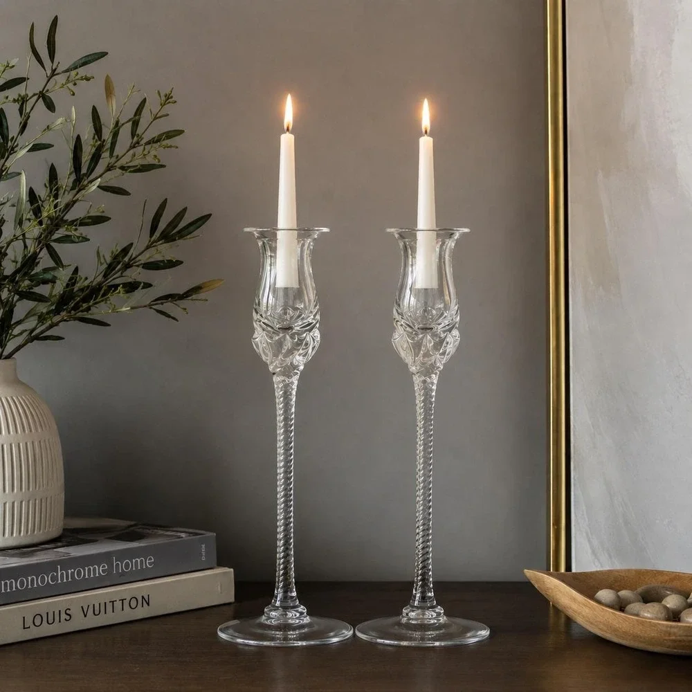 Art Glass Pair Candlesticks Vtg. Optic Twist Stem Floral Tulip Cottage Regency‎